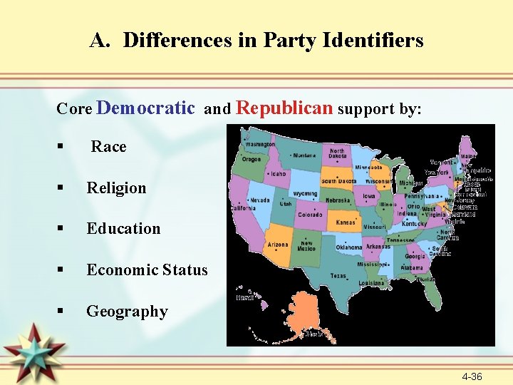 A. Differences in Party Identifiers Core Democratic and Republican support by: § Race §