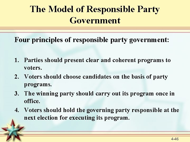 The Model of Responsible Party Government Four principles of responsible party government: 1. Parties