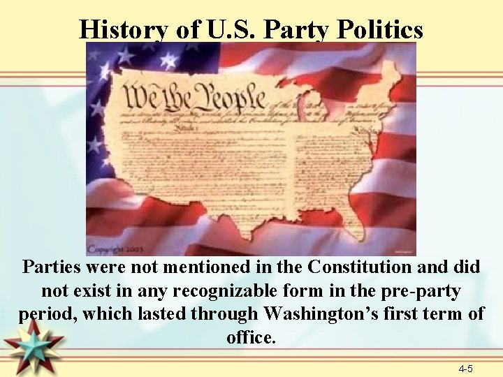 History of U. S. Party Politics Parties were not mentioned in the Constitution and