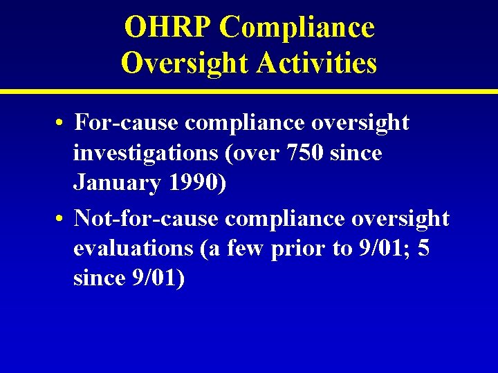 OHRP Compliance Oversight Activities • For-cause compliance oversight investigations (over 750 since January 1990) OHRP Compliance Oversight Activities • For-cause compliance oversight investigations (over 750 since January 1990)