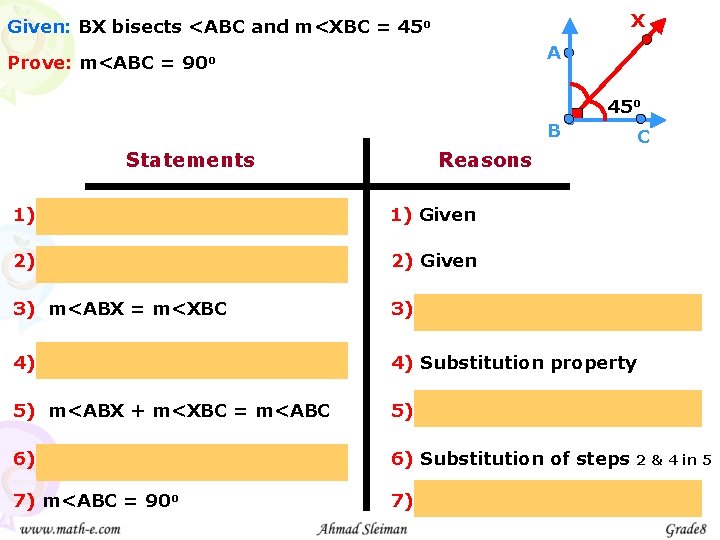 X Given: BX bisects <ABC and m<XBC = 45 o A Prove: m<ABC =