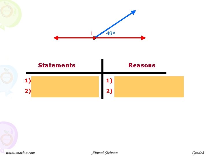 1 Statements 48 o Reasons 1) m<1 + 48 o = 180 o 1)