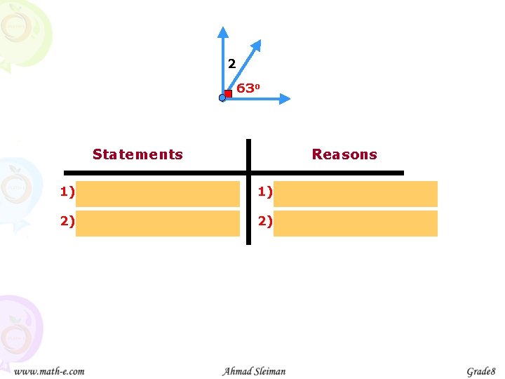 2 63 o Statements Reasons 1) m<2 + 63 o = 90 o 1)