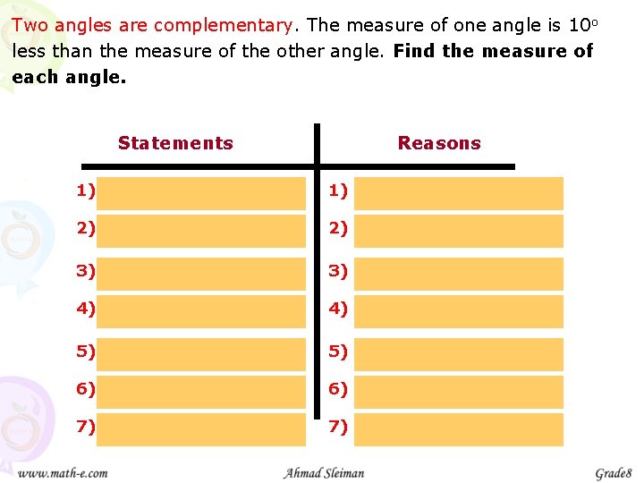 Two angles are complementary. The measure of one angle is 10 o less than