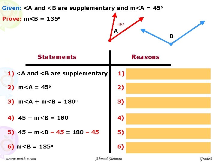 Given: <A and <B are supplementary and m<A = 45 o Prove: m<B =