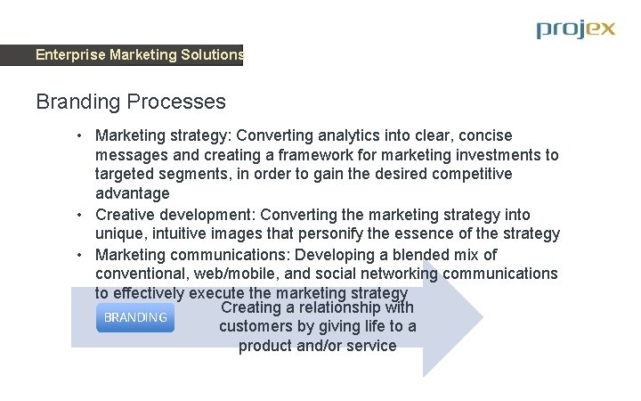 Enterprise Marketing Solutions Branding Processes • Marketing strategy: Converting analytics into clear, concise messages