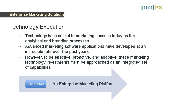 Enterprise Marketing Solutions Technology Execution • Technology is as critical to marketing success today