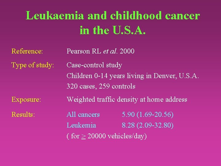 Leukaemia and childhood cancer in the U. S. A. Reference: Pearson RL et al.