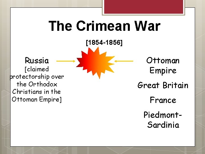 The Crimean War [1854 -1856] Russia [claimed protectorship over the Orthodox Christians in the