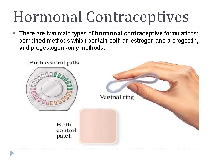 Hormonal Contraceptives There are two main types of hormonal contraceptive formulations: combined methods which