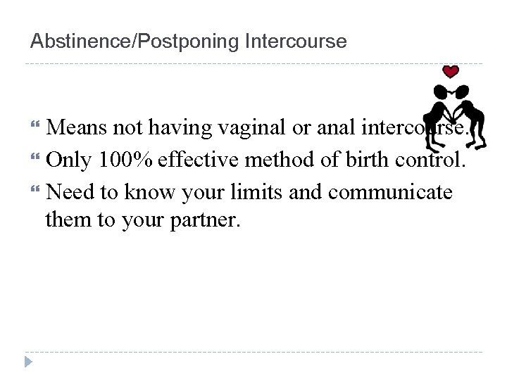 Abstinence/Postponing Intercourse Means not having vaginal or anal intercourse. Only 100% effective method of