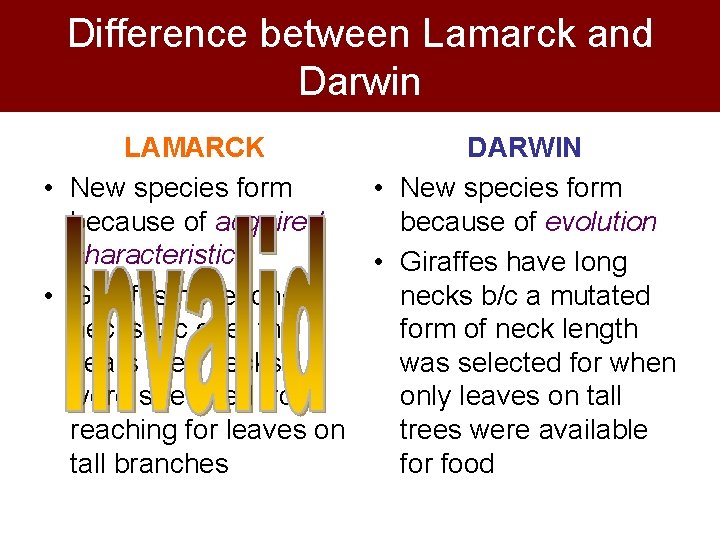 Difference between Lamarck and Darwin LAMARCK DARWIN • New species form because of acquired Difference between Lamarck and Darwin LAMARCK DARWIN • New species form because of acquired