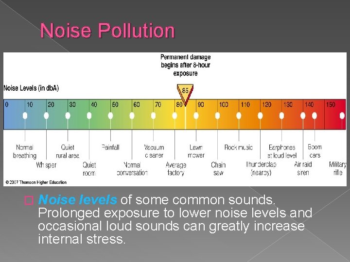 Noise Pollution � Noise levels of some common sounds. Prolonged exposure to lower noise