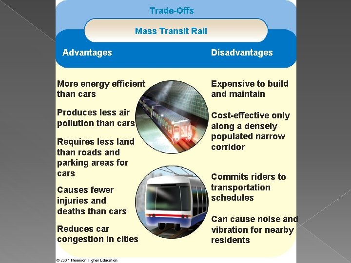 Trade-Offs Mass Transit Rail Advantages Disadvantages More energy efficient than cars Expensive to build