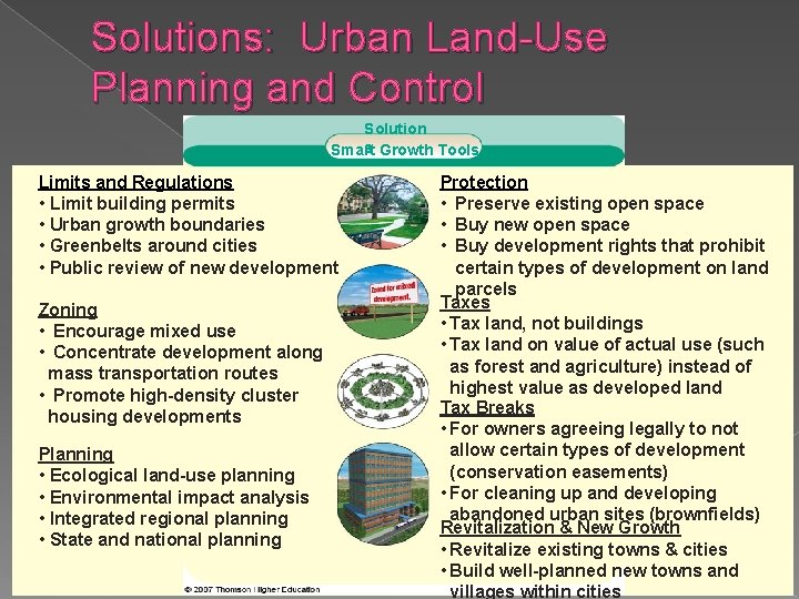 Solutions: Urban Land-Use Planning and Control Solution s Growth Tools Smart Limits and Regulations