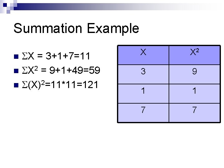 Summation Example X = 3+1+7=11 n X 2 = 9+1+49=59 n (X)2=11*11=121 n X Summation Example X = 3+1+7=11 n X 2 = 9+1+49=59 n (X)2=11*11=121 n X
