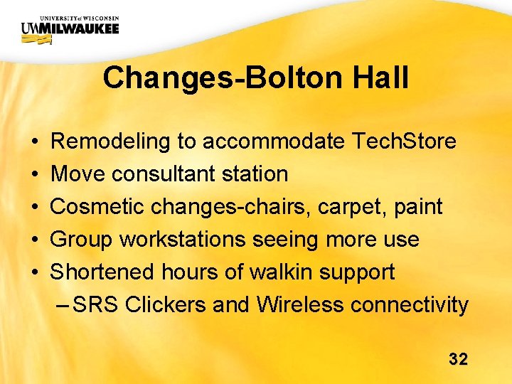 UWM CIO Office Changes-Bolton Hall • • • Remodeling to accommodate Tech. Store Move UWM CIO Office Changes-Bolton Hall • • • Remodeling to accommodate Tech. Store Move