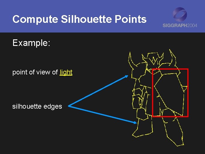 Compute Silhouette Points Example: point of view of light silhouette edges 