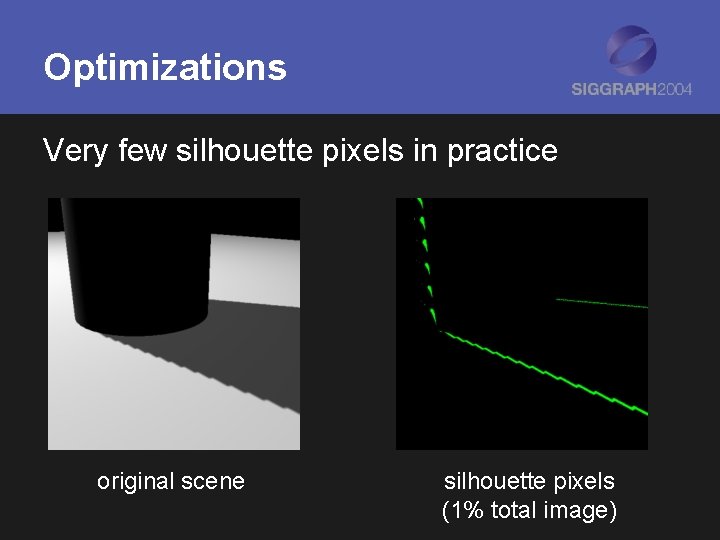 Optimizations Very few silhouette pixels in practice original scene silhouette pixels (1% total image)