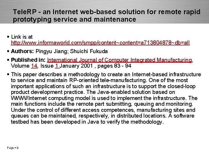 Tele. RP - an Internet web-based solution for remote rapid prototyping service and maintenance