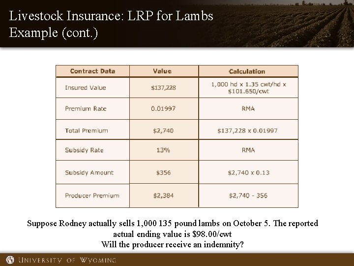 Livestock Insurance: LRP for Lambs Example (cont. ) Suppose Rodney actually sells 1, 000