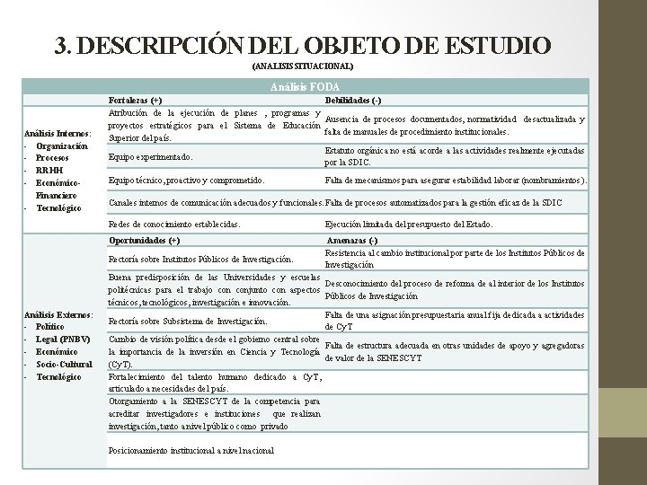 3. DESCRIPCIÓN DEL OBJETO DE ESTUDIO (ANALISIS SITUACIONAL) Análisis FODA Análisis Internos: - Organización