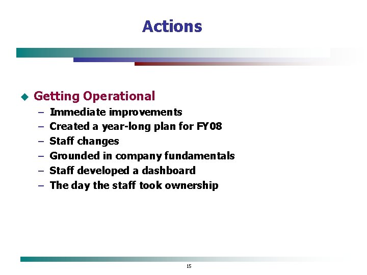 Actions u Getting Operational – – – Immediate improvements Created a year-long plan for
