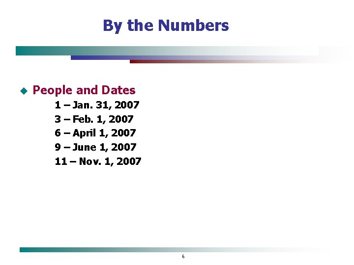 By the Numbers u People and Dates 1 – Jan. 31, 2007 3 –