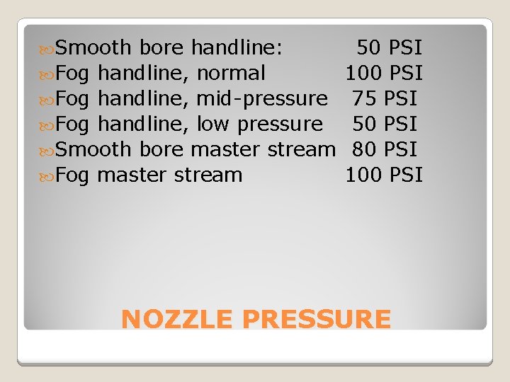  Smooth bore handline: Fog handline, normal Fog handline, mid-pressure Fog handline, low pressure