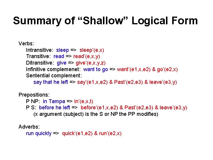 Summary of “Shallow” Logical Form Verbs: Intransitive: sleep => sleep’(e, x) Transitive: read => Summary of “Shallow” Logical Form Verbs: Intransitive: sleep => sleep’(e, x) Transitive: read =>
