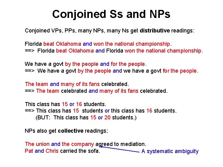 Conjoined Ss and NPs Conjoined VPs, PPs, many Ns get distributive readings: Florida beat Conjoined Ss and NPs Conjoined VPs, PPs, many Ns get distributive readings: Florida beat