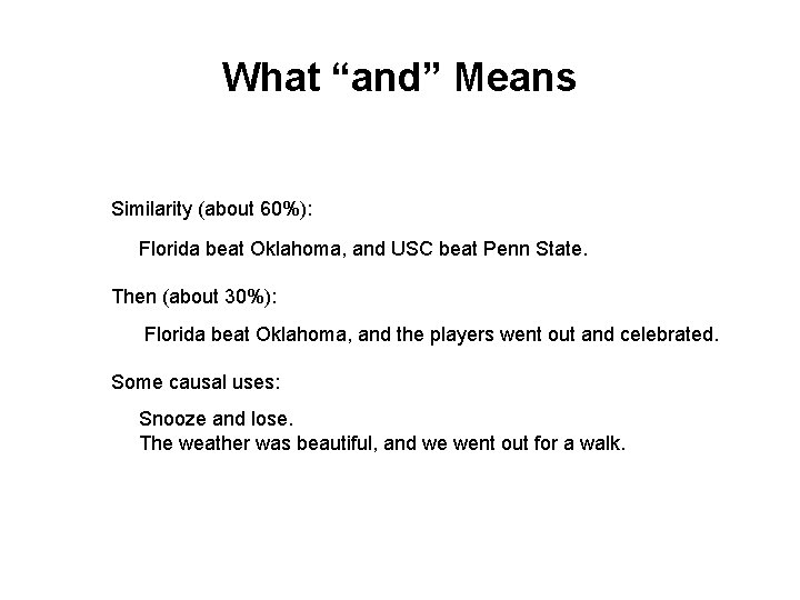 What “and” Means Similarity (about 60%): Florida beat Oklahoma, and USC beat Penn State. What “and” Means Similarity (about 60%): Florida beat Oklahoma, and USC beat Penn State.
