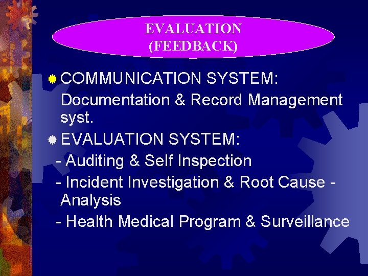 EVALUATION (FEEDBACK) ® COMMUNICATION SYSTEM: Documentation & Record Management syst. ® EVALUATION SYSTEM: -