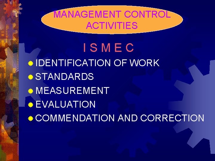 MANAGEMENT CONTROL ACTIVITIES I S M E C ® IDENTIFICATION OF WORK ® STANDARDS