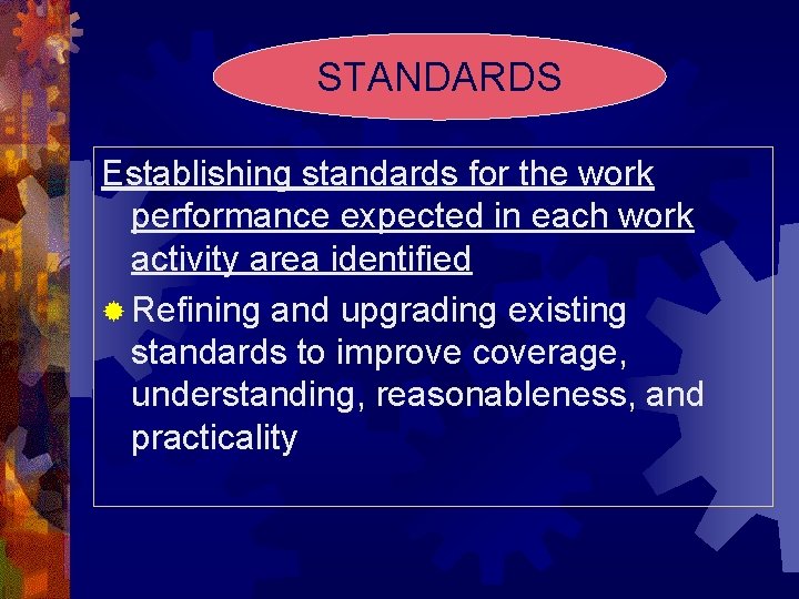 STANDARDS Establishing standards for the work performance expected in each work activity area identified