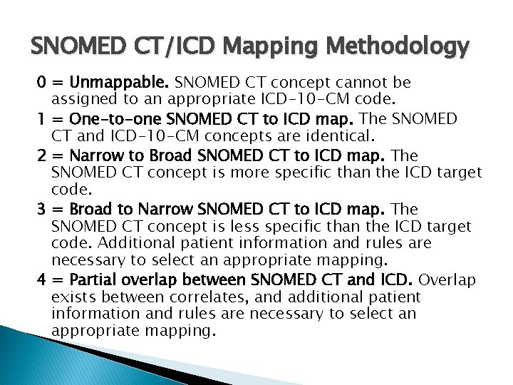 SNOMED CT/ICD Mapping Methodology 0 = Unmappable. SNOMED CT concept cannot be assigned to