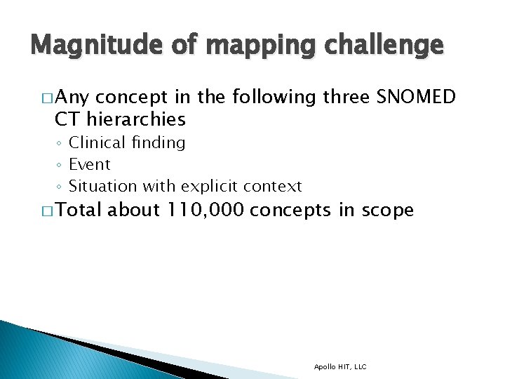 Magnitude of mapping challenge � Any concept in the following three SNOMED CT hierarchies