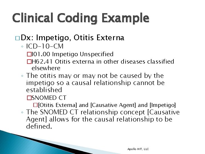 Clinical Coding Example � Dx: Impetigo, Otitis Externa ◦ ICD-10 -CM �I 01. 00
