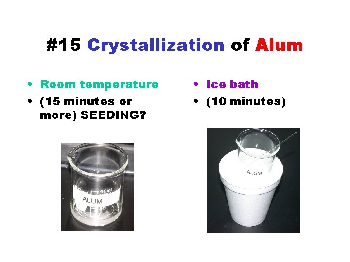 #15 Crystallization of Alum • Room temperature • (15 minutes or more) SEEDING? •