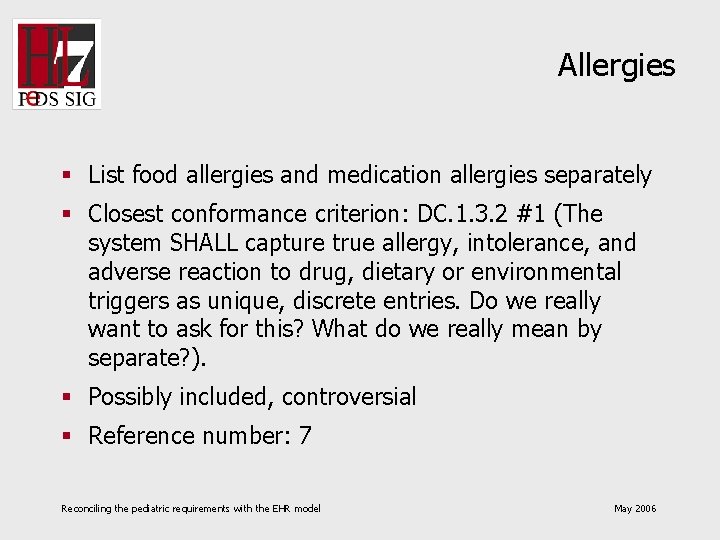 Allergies § List food allergies and medication allergies separately § Closest conformance criterion: DC.