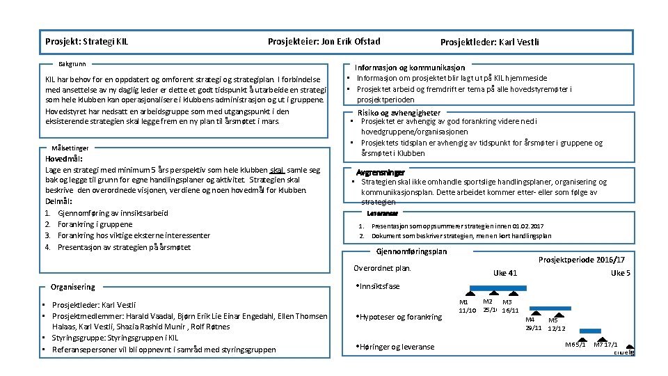 Prosjekt: Strategi KIL Prosjekteier: Jon Erik Ofstad Bakgrunn KIL har behov for en oppdatert