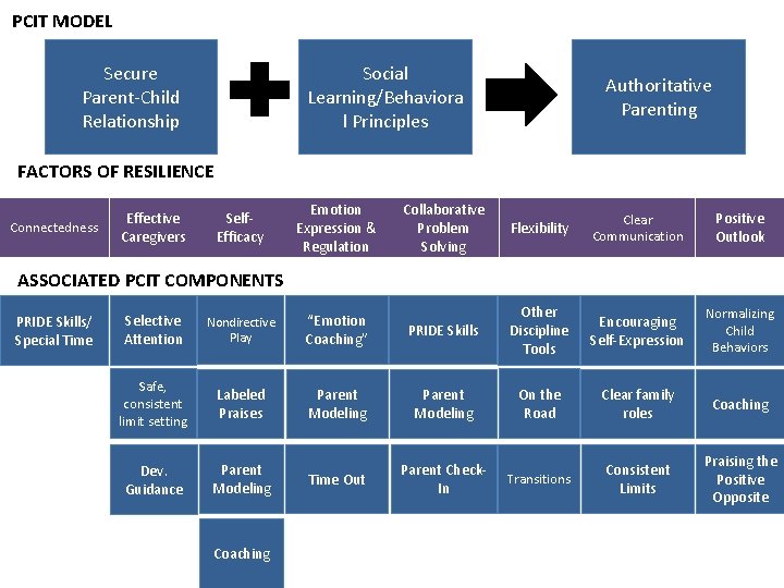 PCIT MODEL Secure Parent-Child Relationship Social Learning/Behaviora l Principles Authoritative Parenting FACTORS OF RESILIENCE