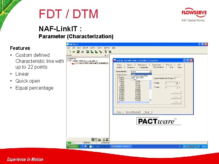 FDT / DTM NAF-Link. IT : Parameter (Characterization) Features • Custom defined Characteristic line