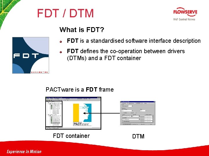 FDT / DTM What is FDT? FDT is a standardised software interface description FDT