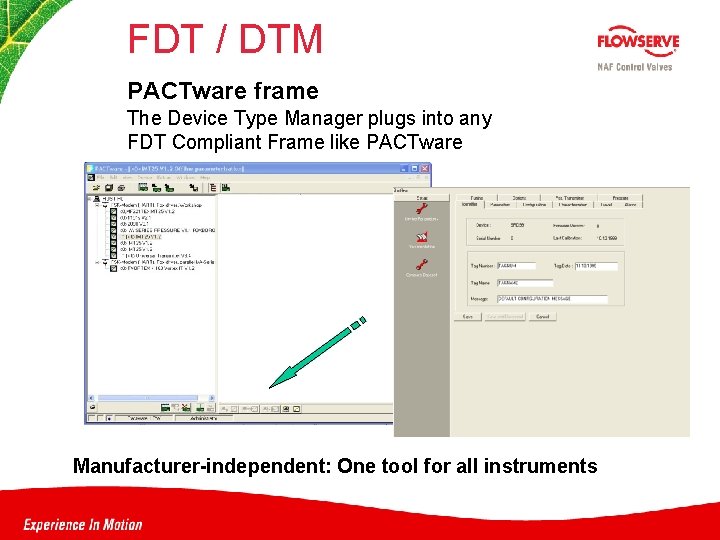 FDT / DTM PACTware frame The Device Type Manager plugs into any FDT Compliant