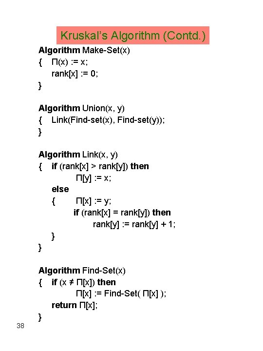 Kruskal’s Algorithm (Contd. ) Algorithm Make-Set(x) { Π(x) : = x; rank[x] : =