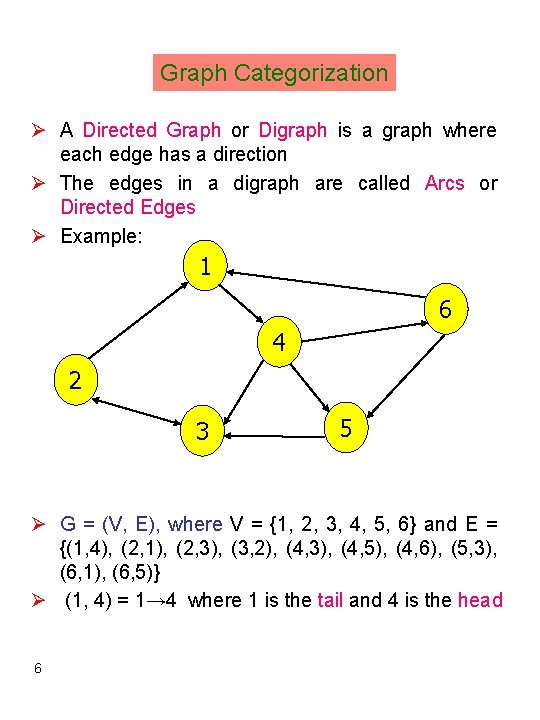 Graph Categorization Ø A Directed Graph or Digraph is a graph where each edge