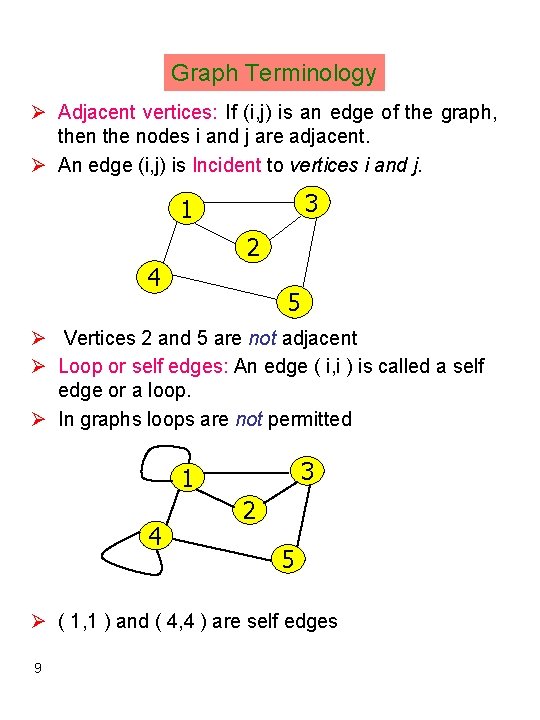 Graph Terminology Ø Adjacent vertices: If (i, j) is an edge of the graph,