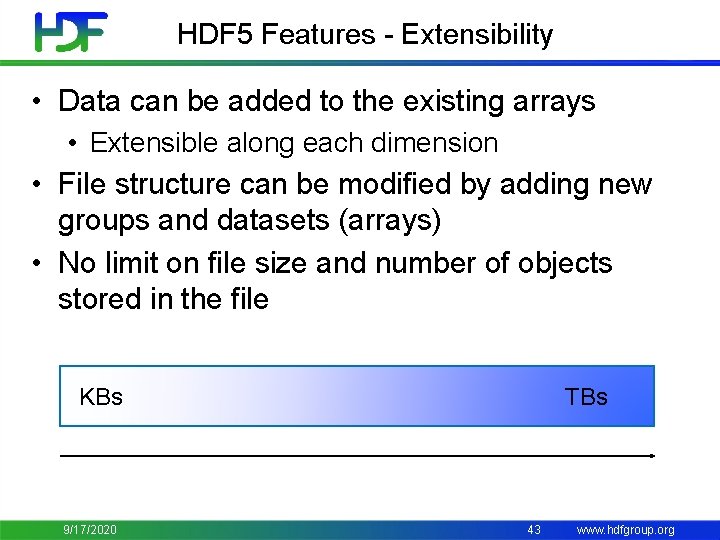 HDF 5 Features - Extensibility • Data can be added to the existing arrays