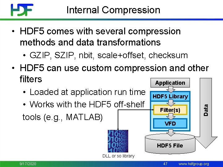 Internal Compression • HDF 5 comes with several compression methods and data transformations •